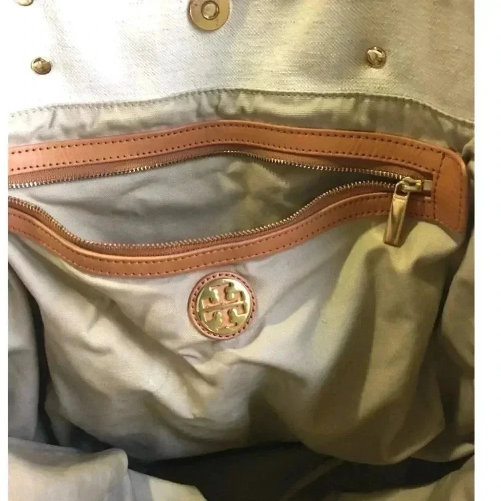Tory Burch beige/ blue green striped canvas hobo handbag